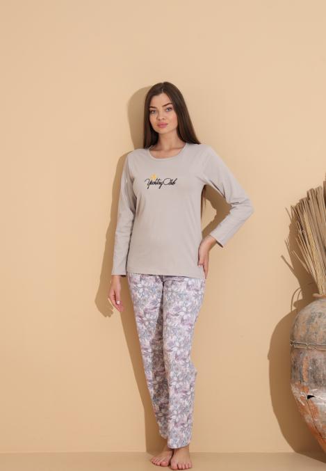 Pijama Dama „Yachting Chib" ,Pantaloni si Maneca Lunga,Culoare Crem, Engros